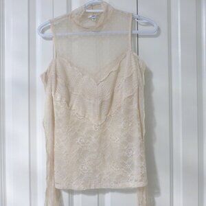 GUESS light pink semi-sheer floral lace cold shoulder top